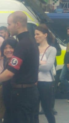 One demonstrator at the “UK Against Hate” demo wore the insignia of Oswald Mosley’s pre-war British Union of Fascists. Pic credit: Eugenia Grieff via twitter