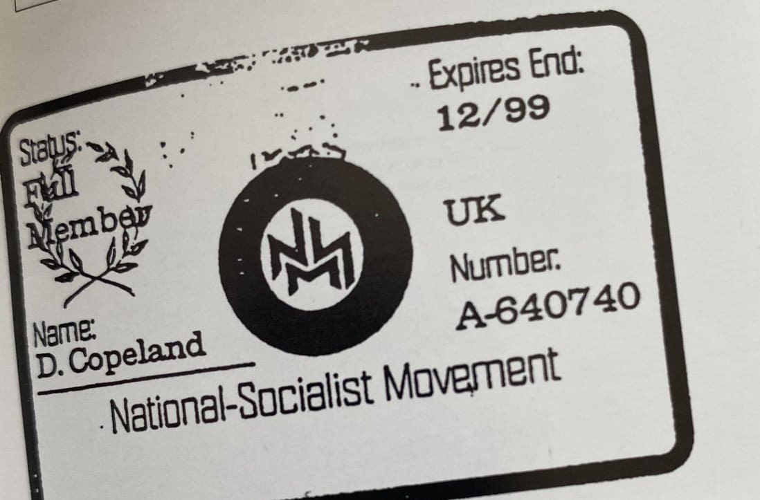 David Copeland's NSM membership card