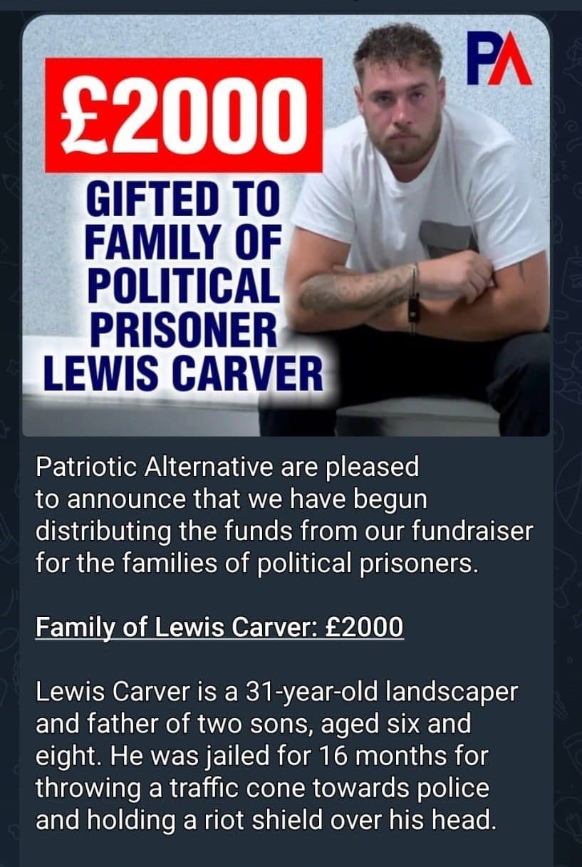 Patriotic Alternative hands out ‘political prisoner’ funds to racist thug who hospitalised police officer