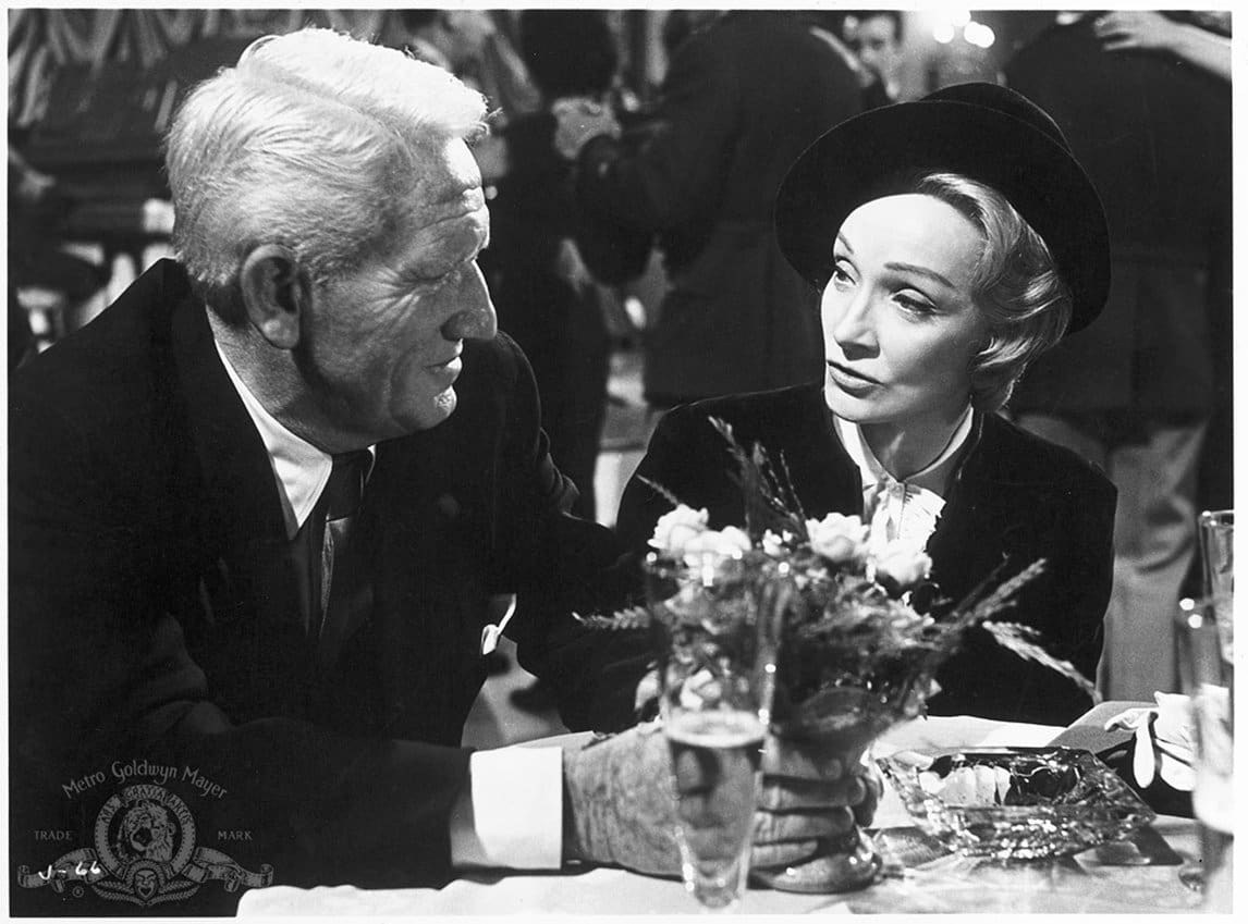 Spencer Tracy (as Chief Trial Judge Dan Haywood) and Marlene Dietrich (as the widow of a Nazi general, who gives witness) in the fictionalised account of one of the trials of nazi generals, the film 'Judgment at Nuremberg'