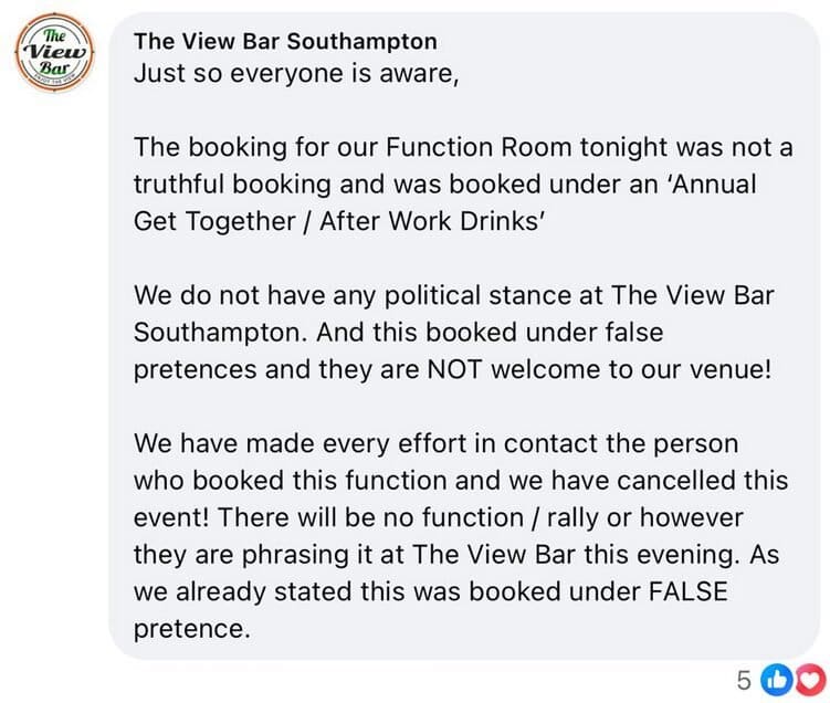Statement from View Bar about cancelling UKIP event