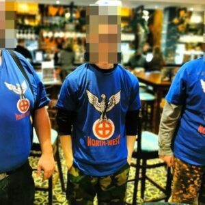 The North-West branch of British Movement parading their uniforms and thinking they had disguised the fact they were in The Calverts Court Wetherspoon’s pub in Stockport
