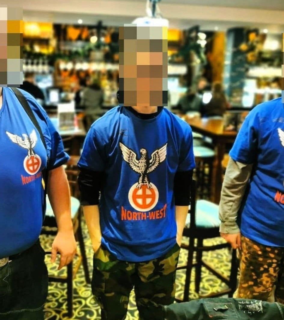 The North-West branch of British Movement parading their uniforms and thinking they had disguised the fact they were in The Calverts Court Wetherspoon’s pub in Stockport