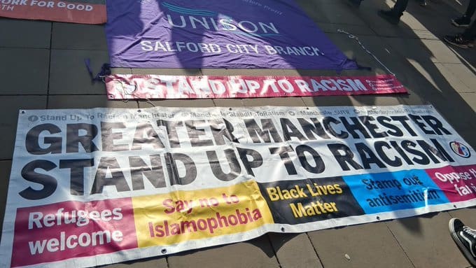 Trade union banners at Manchester anti-UKIP demo