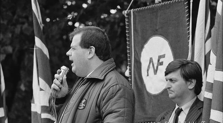 Martin Webster and Andrew Brons share a National Front platform, London 1981 – photo: David Hoffman