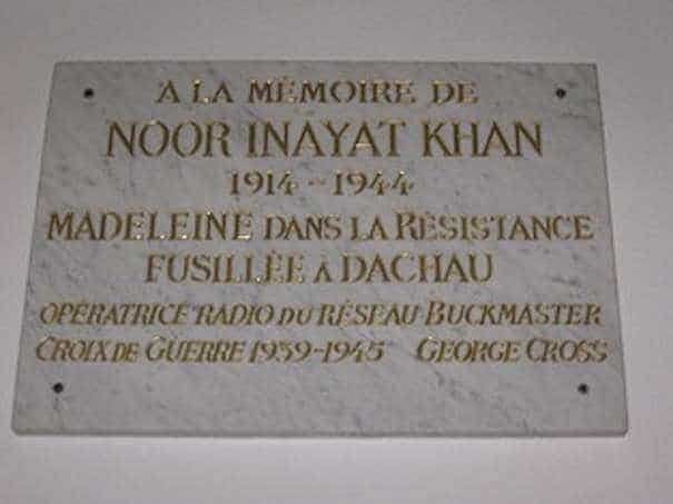 The plaque in Dachau commemorating Noor's murder by the Nazis