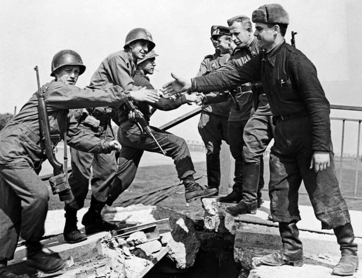 US and USSR troops meet on River Elbe