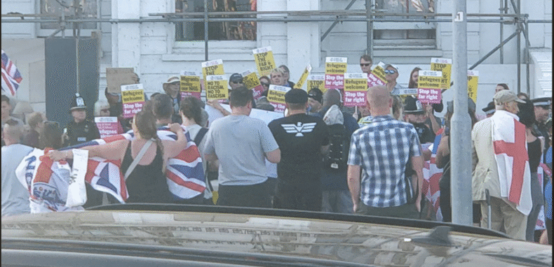 White vanguard supporter at Portsmouth anti-migrant demo 7 July 2025