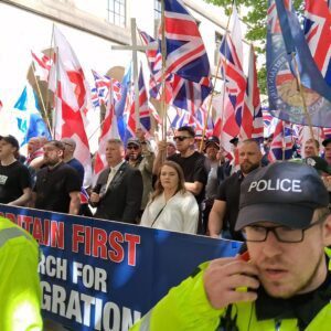 Paul Golding and Ashlea Simon lead Britain First march in Manchester