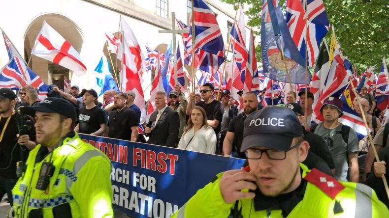 Paul Golding and Ashlea Simon lead Britain First march in Manchester
