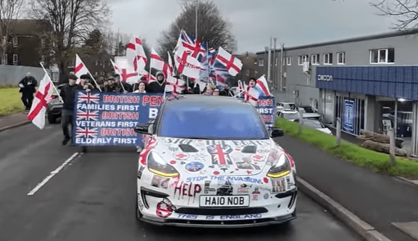 Shaun Chaney's tesla, Folkestone demo 5 Dec 2025