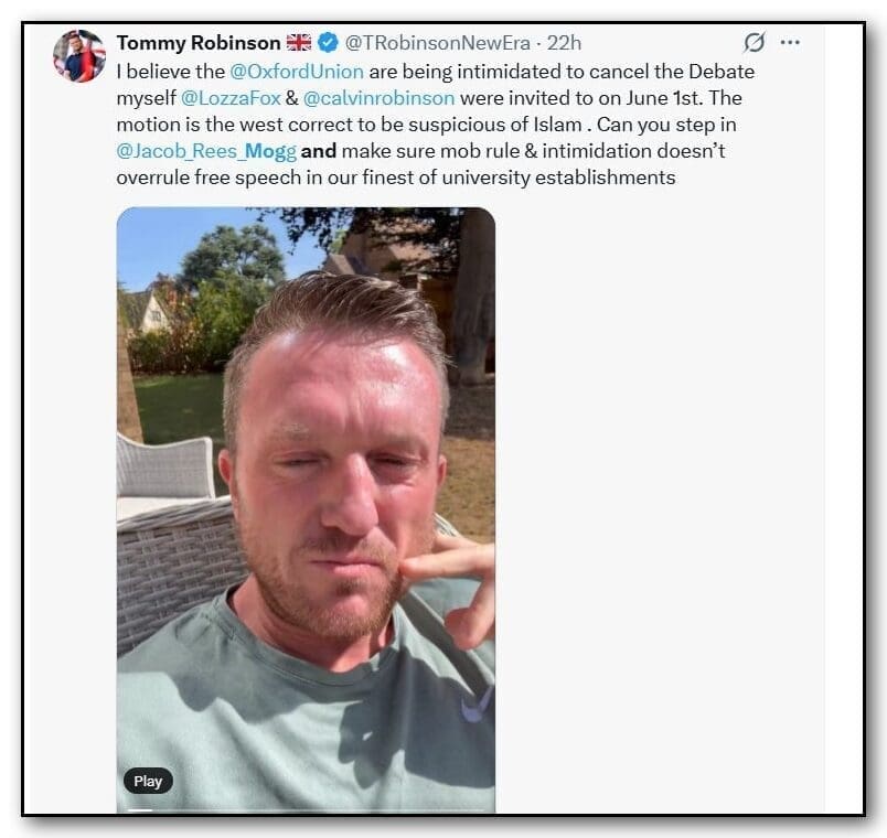 Tommy Robinson complains about Oxford Union ban